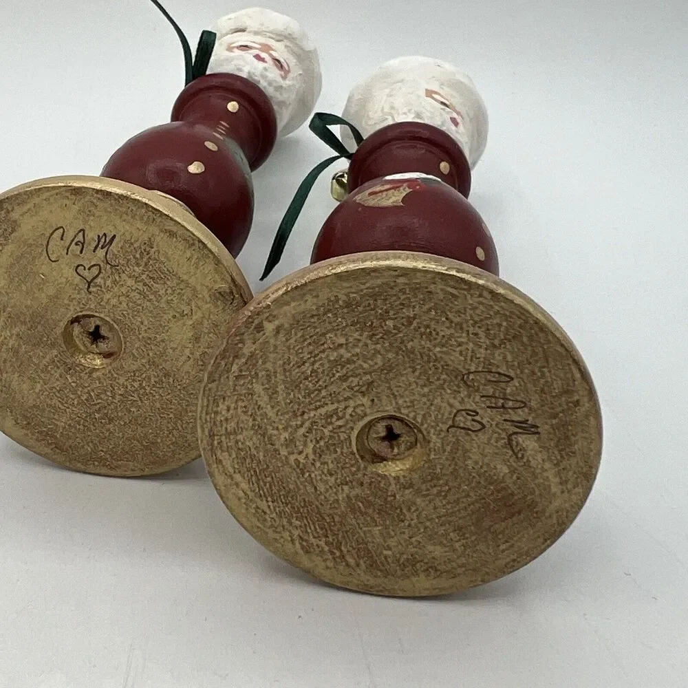 Set 2 Hand Painted Folk Art Wood Candlestick Santa Father Christmas Signed